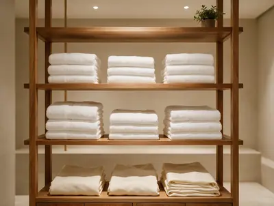 Wooden shelves stacked with folded white towels