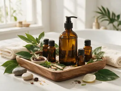 Amber massage oil bottles on a wooden tray with leaves and stones