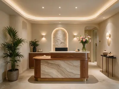 Reception desk with a marble front, plants and fresh flowers