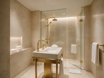 Spa bathroom with a brass-trimmed vanity and glass shower