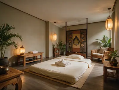 Thai massage mat room with a low bed, lanterns and wooden furniture