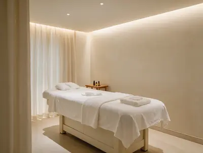 Treatment room with a white-draped massage bed and soft ceiling light