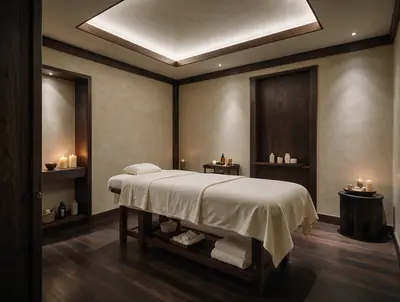 Dark-wood treatment room with a massage bed and candles