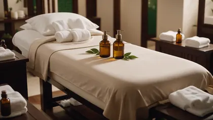 Treatment room with a massage bed, folded towels and amber oil bottles
