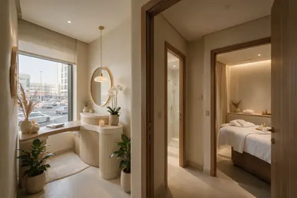 Spa lobby with a street-facing window and a treatment room beyond the doorway