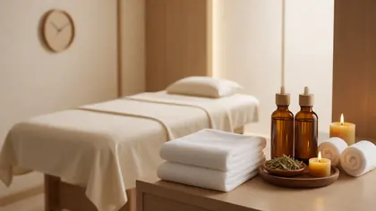 Massage bed with a wall clock, folded towels, oil bottles and candles