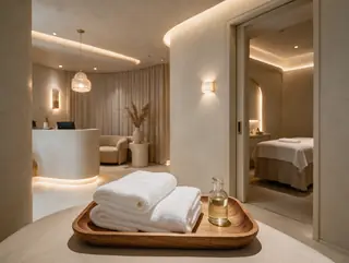 Folded white towels and oil on a wooden tray near the treatment room doorway